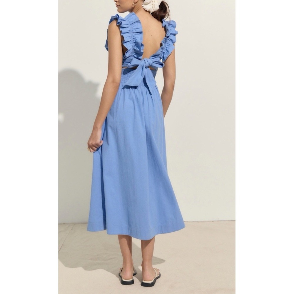 Free People Ruffle It Up Midi Dress Tie Back 100% Cotton Boho Size M Blue - Picture 2 of 10